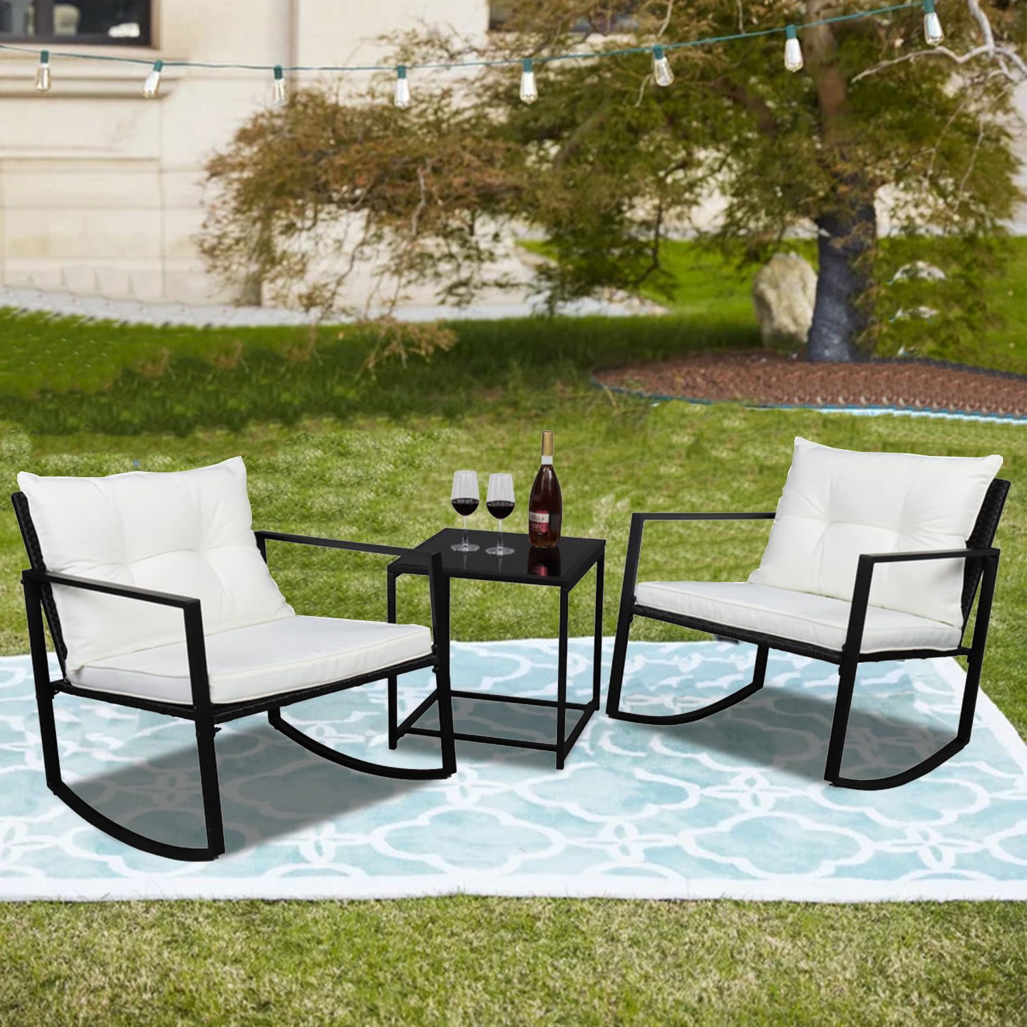 3 Piece Cushion Rocking Chair Set With Regard To Favorite Outdoor Rocking Chair 3 Piece Patio Set, Wicker Outdoor Patio Furniture  With Rocking Chair And Table, Patio Rocking Chair For Outdoor Garden,  All Weather Rocking Lounge Chair, White Cushion, W10677 – Walmart (View 10 of 15)