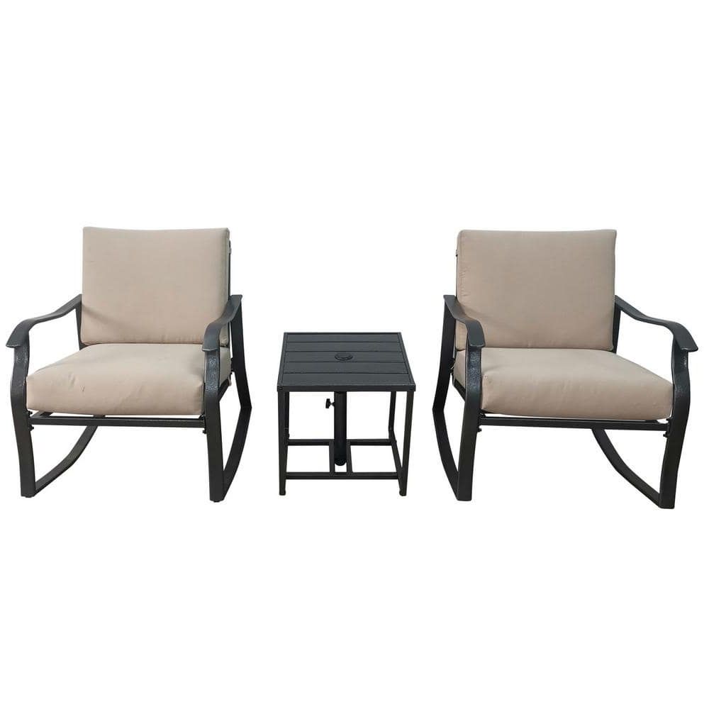 3 Piece Cushion Rocking Chair Set Within Trendy Maocao Hoom Black 3 Piece Metal Outdoor Rocking Chair With Beige Cushions  Dj C W65632241 – The Home Depot (Photo 11 of 15)