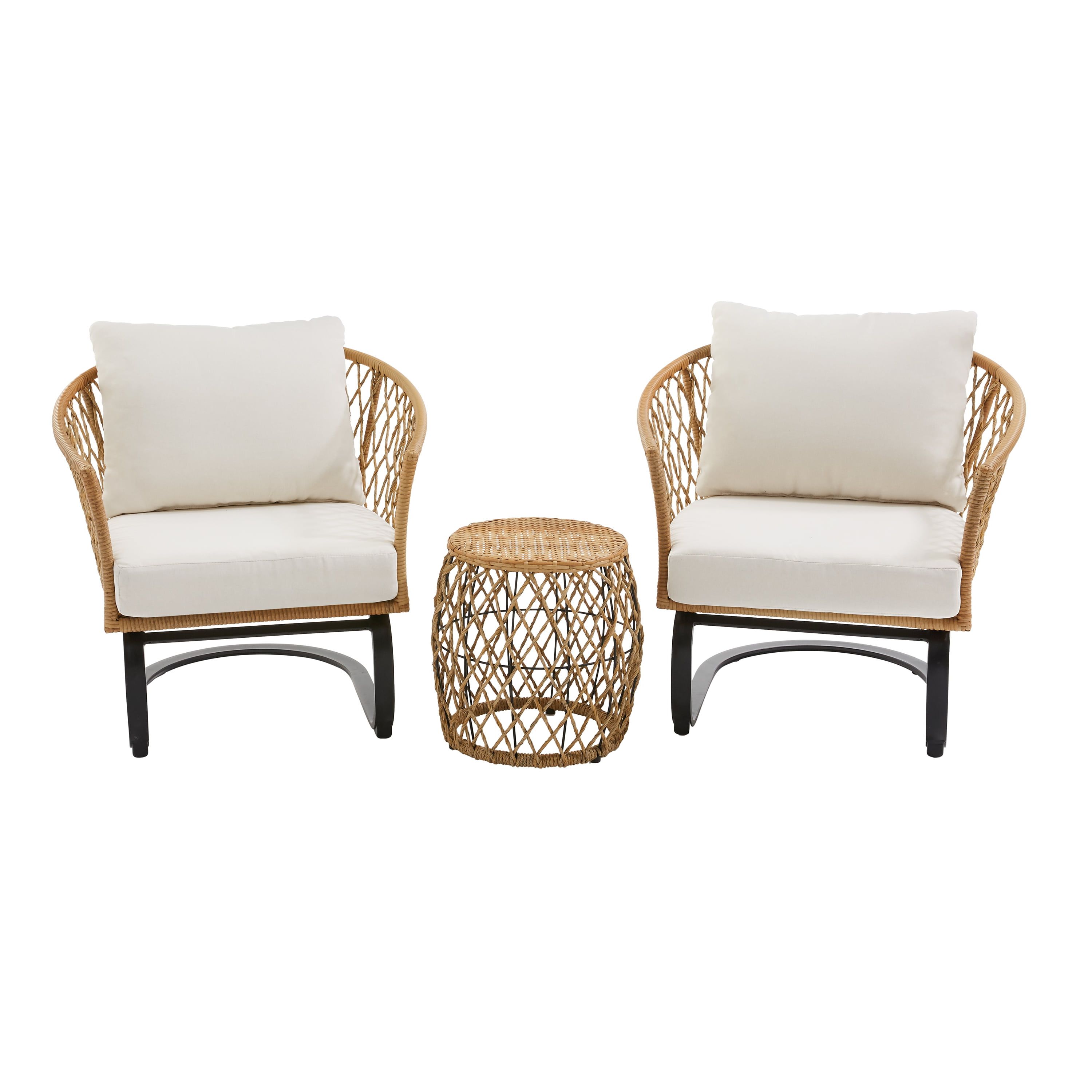 3 Piece Outdoor Boho Wicker Chat Set With Popular Better Homes & Gardens Ventura 3 Piece White Outdoor Boho Wicker Chat Set,  Wicker Frame – Walmart (Photo 1 of 15)