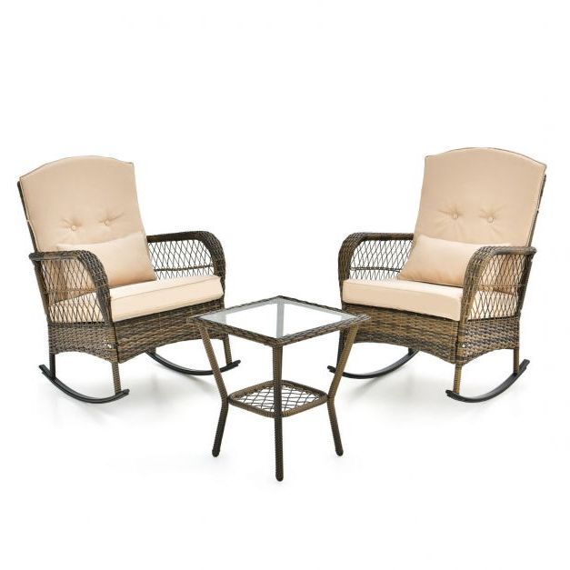 3 Piece Outdoor Rocking Chair Set With Cozy Cushions And Pillow – Costway In Best And Newest Rocking Chairs Wicker Patio Furniture Set (View 13 of 15)