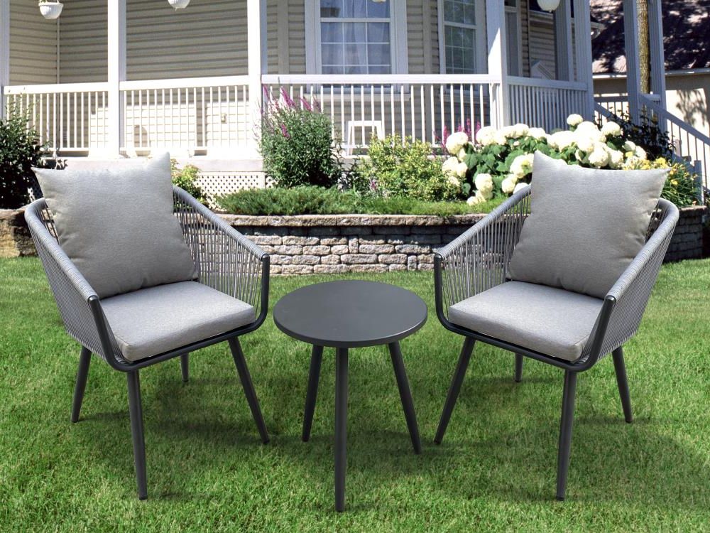 3 Piece Woven Patio Conversation Set With Gray Cushions In The Patio  Conversation Sets Department At Lowes Within Well Liked Woven Rope Outdoor 3 Piece Conversation Set (Photo 2 of 15)