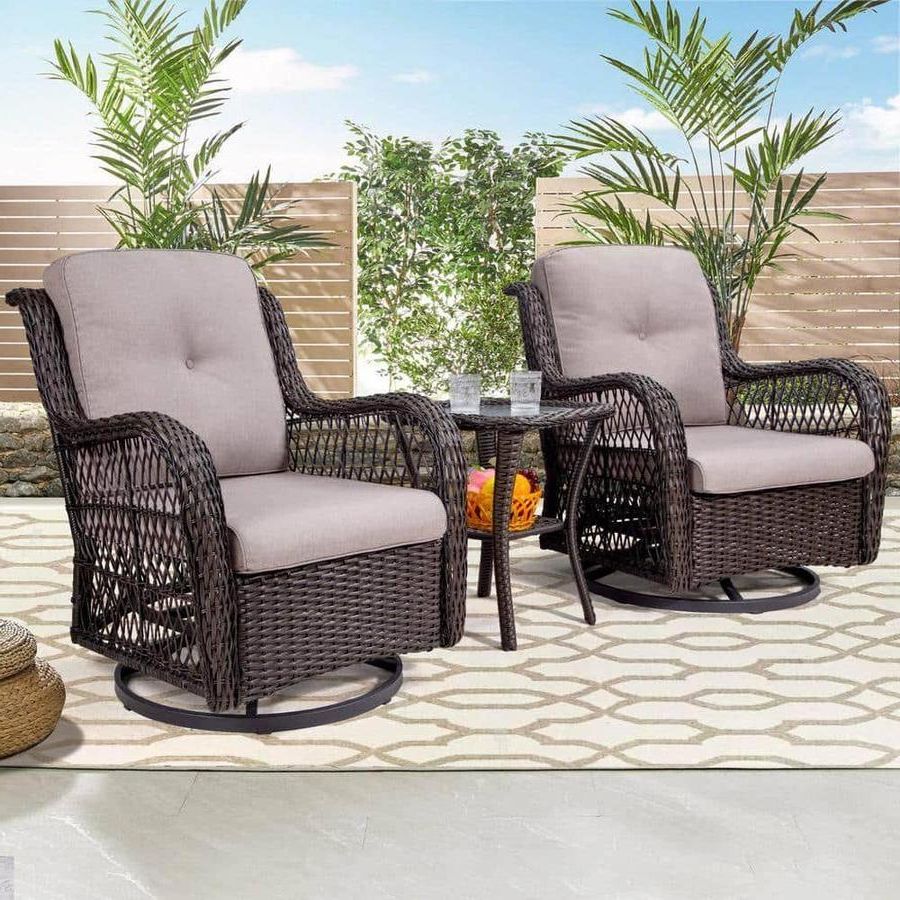 3 Pieces Outdoor Patio Swivel Rocker Set With Recent Joyside 3 Piece Wicker Outdoor Swivel Rocking Chairs Set With Beige  Cushions And Cover Wicker Patio Conversation Set (2 Chair) – Bears Ivko (Photo 15 of 15)