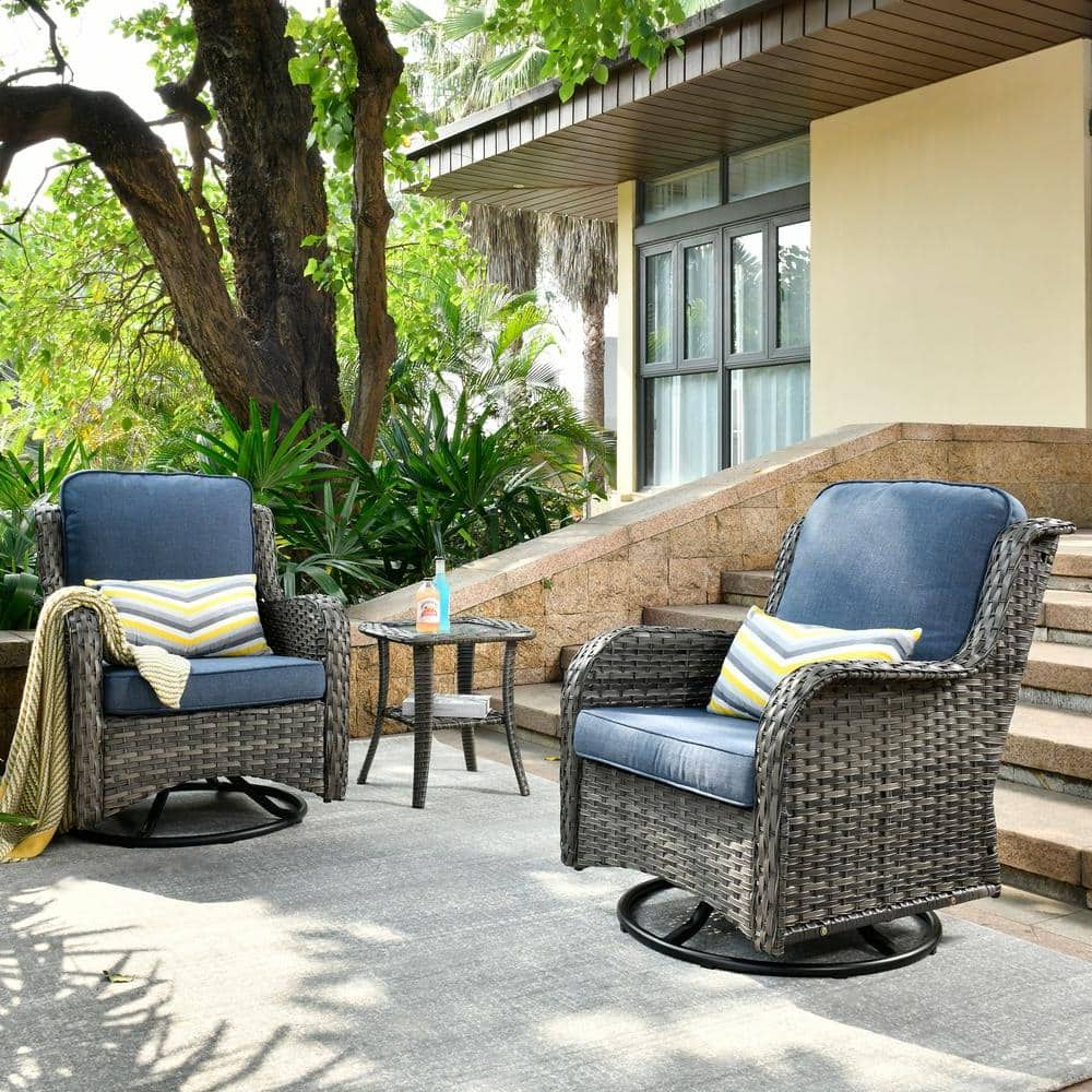 3 Pieces Outdoor Patio Swivel Rocker Set With Regard To Current Ovios Joyoung Gray 3 Piece Wicker Outdoor Patio Conversation Seating Set  With Denim Blue Cushions And Swivel Rocking Chairs Yjntc303r – The Home  Depot (View 5 of 15)