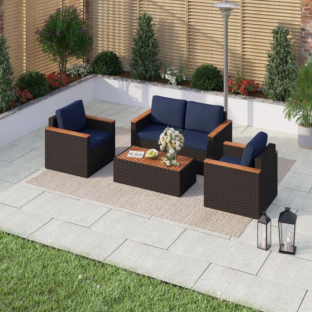 4 Piece Outdoor Wicker Seating Set In Brown Regarding Most Current Phi Villa Black 4 Piece Outdoor Dark Brown Wicker Conversation Set With  Blue Cushions Thd Pv 015 – The Home Depot (View 14 of 15)