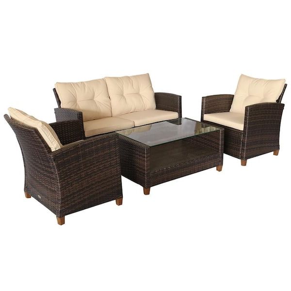 4 Piece Outdoor Wicker Seating Set In Brown Regarding Preferred Outsunny Brown 4 Piece Iron Plastic Rattan Patio Furniture Set With Beige  Cushions, 2 Single Chairs, Double Sofa And Tea Table 860 117bg – The Home  Depot (Photo 1 of 15)