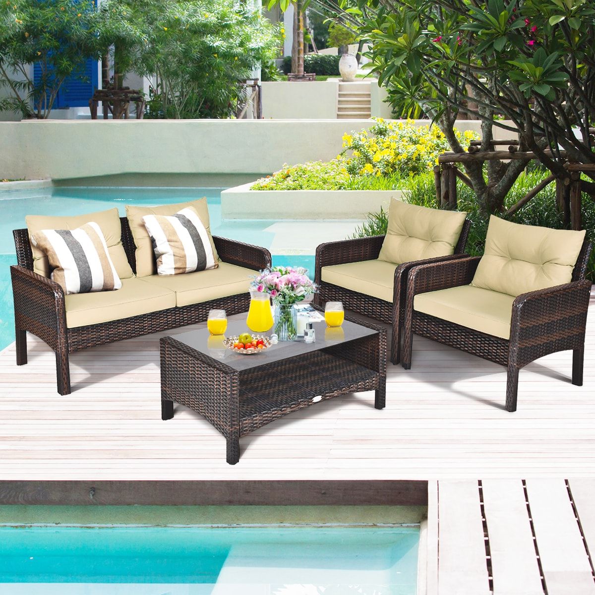 4 Piece Outdoor Wicker Seating Set In Brown Throughout 2019 Clihome Outdoor Rattan Furniture Set 4 Piece Rattan Patio Conversation Set  With Brown Cushions In The Patio Conversation Sets Department At Lowes (Photo 9 of 15)