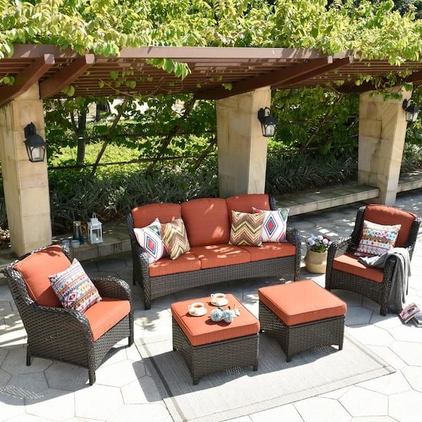 5 Piece Outdoor Patio Furniture Set Throughout Most Popular Xizzi Erie Lake Brown 5 Piece Wicker Outdoor Patio Conversation Seating Sofa  Set With Orange Red Cushions Ntc805hdre – The Home Depot (View 2 of 15)