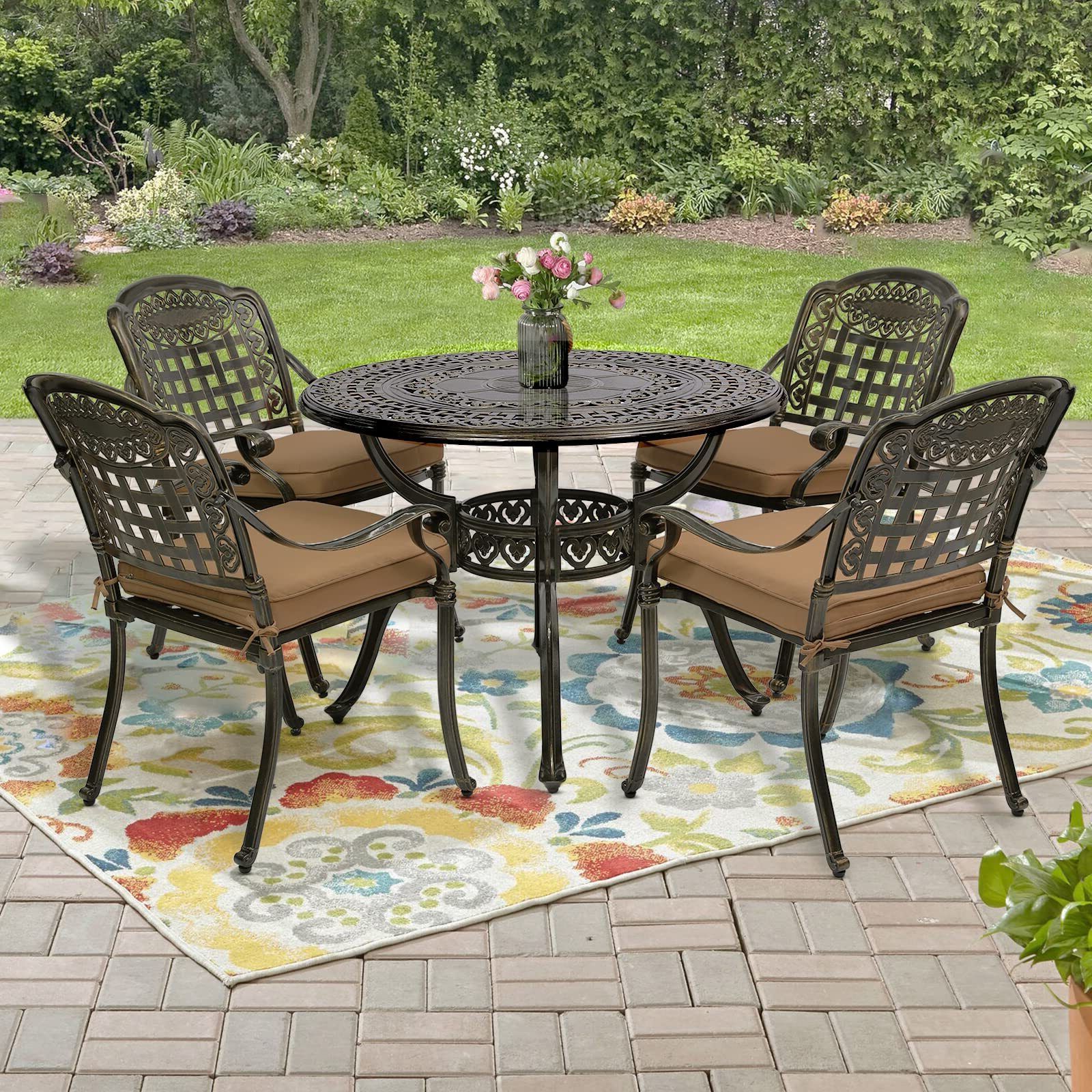 5 Piece Outdoor Patio Furniture Set With Fashionable 5 Piece Outdoor Patio Dining Set Cast Aluminum Includes 4 Chairs, 1 Round  Table (Photo 13 of 15)