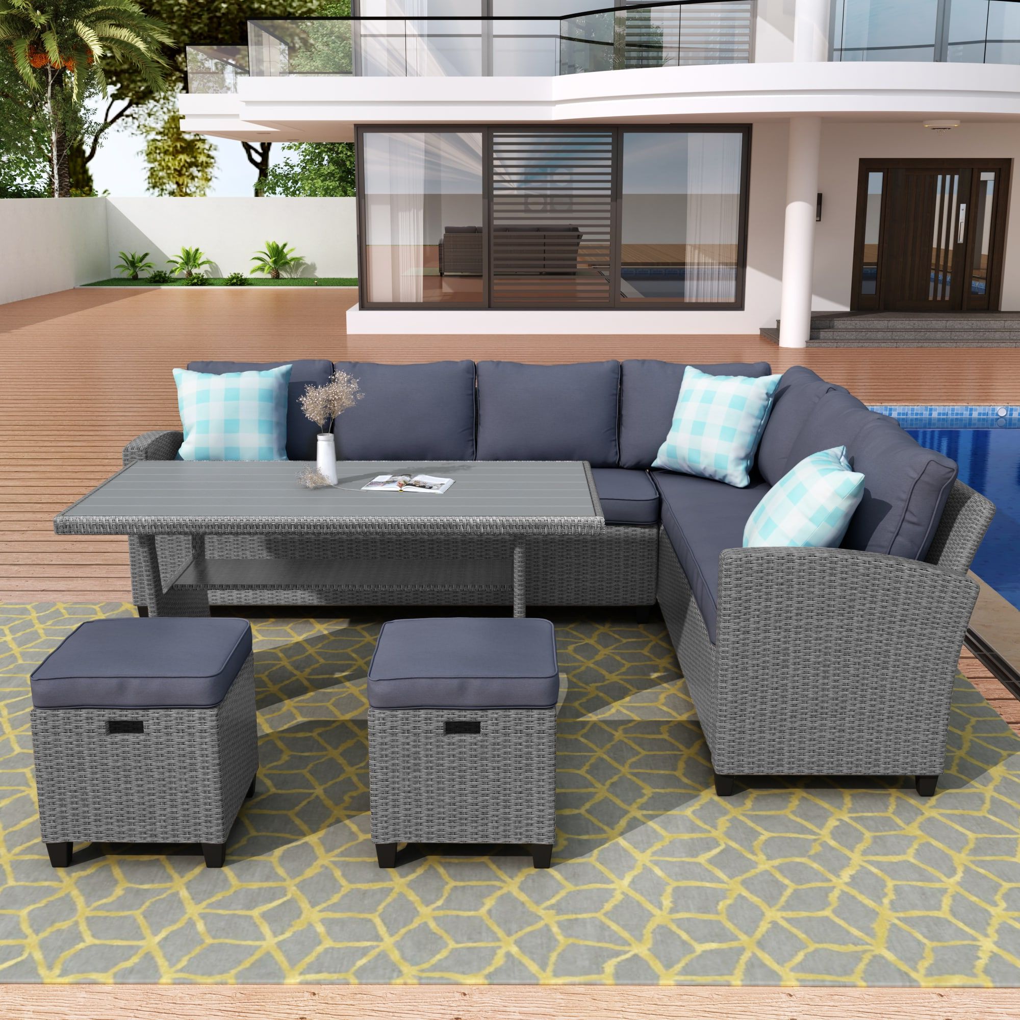 5 Piece Patio Conversation Set For Preferred Clihome 5 Piece Patio Conversation Set 5 Piece Rattan Patio Conversation Set  With Gray Cushions In The Patio Conversation Sets Department At Lowes (View 4 of 16)