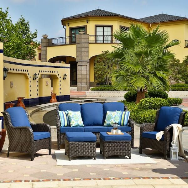 5 Piece Patio Furniture Set Inside Latest Ovios New Kenard Brown 5 Piece Wicker Outdoor Patio Conversation Seating Set  With Navy Blue Cushions Ntc700 – The Home Depot (Photo 12 of 15)