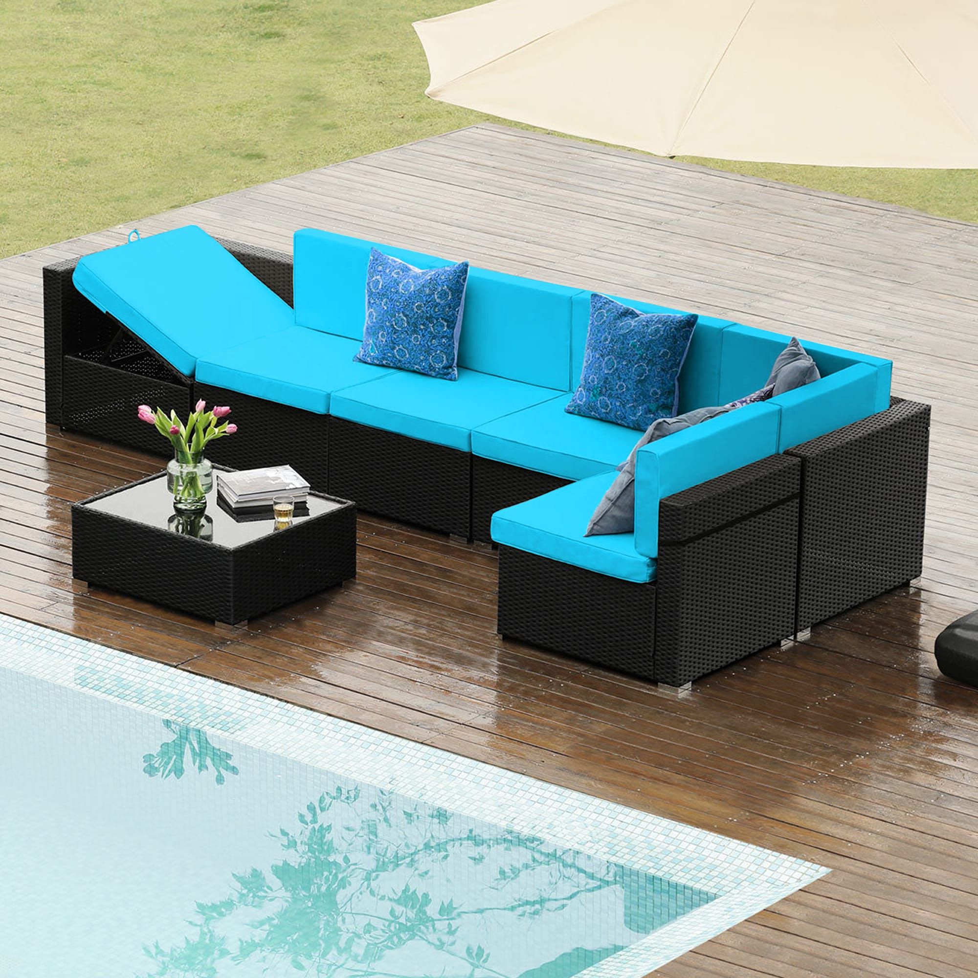 7  Piece Patio Conversation Set Rattan Outdoor Sectional With Blue  Cushion(s) And Iron Frame In The Patio Sectionals & Sofas Department At  Lowes In Popular 7 Piece Rattan Sectional Sofa Set (View 5 of 15)