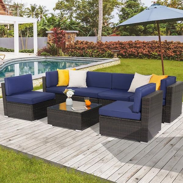 7 Piece Rattan Sectional Sofa Set With Fashionable Joyesery 7 Piece Pe Rattan Wicker Outdoor Conversation Furniture Sectional  Sofa Sets For Poolside, Porch And Deck In Navy Blue J Sofa779ny – The Home  Depot (Photo 3 of 15)