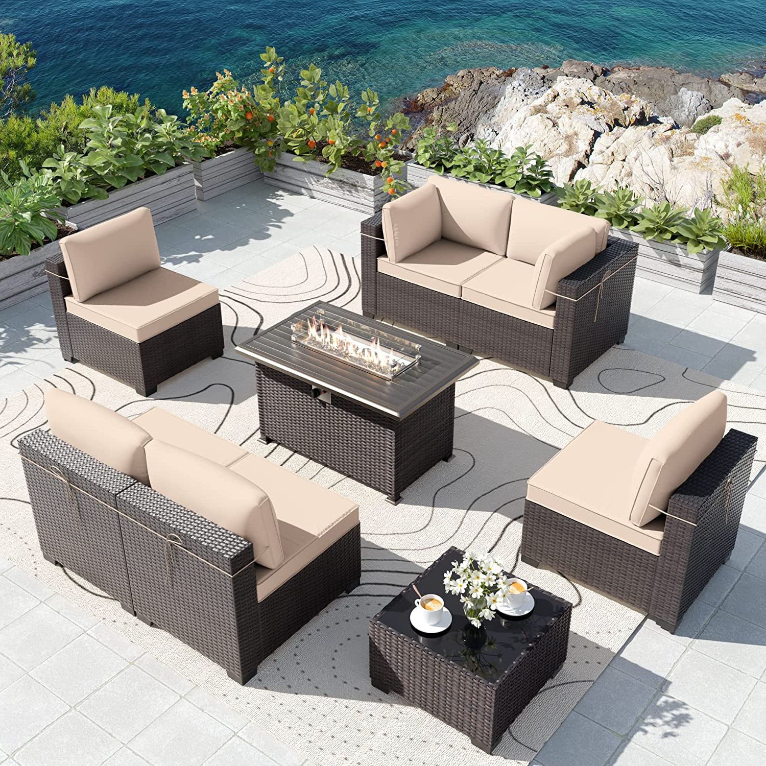 8 Pcs Outdoor Patio Furniture Set For Well Known Gotland Outdoor Patio Furniture Set With 43" Propane Fire Pit Table, 8  Pieces Conversation Sets Wicker,sand – Walmart (Photo 5 of 15)