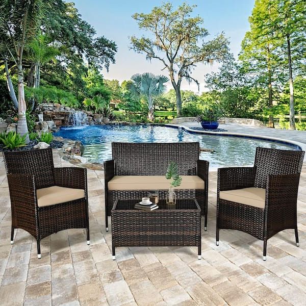 8 Piece Patio Rattan Outdoor Furniture Set In Newest Gymax 8 Piece Rattan Patio Outdoor Furniture Set With Cushioned Chair  Loveseat Table With Brown Cushions Gymhd0020 – The Home Depot (Photo 5 of 15)