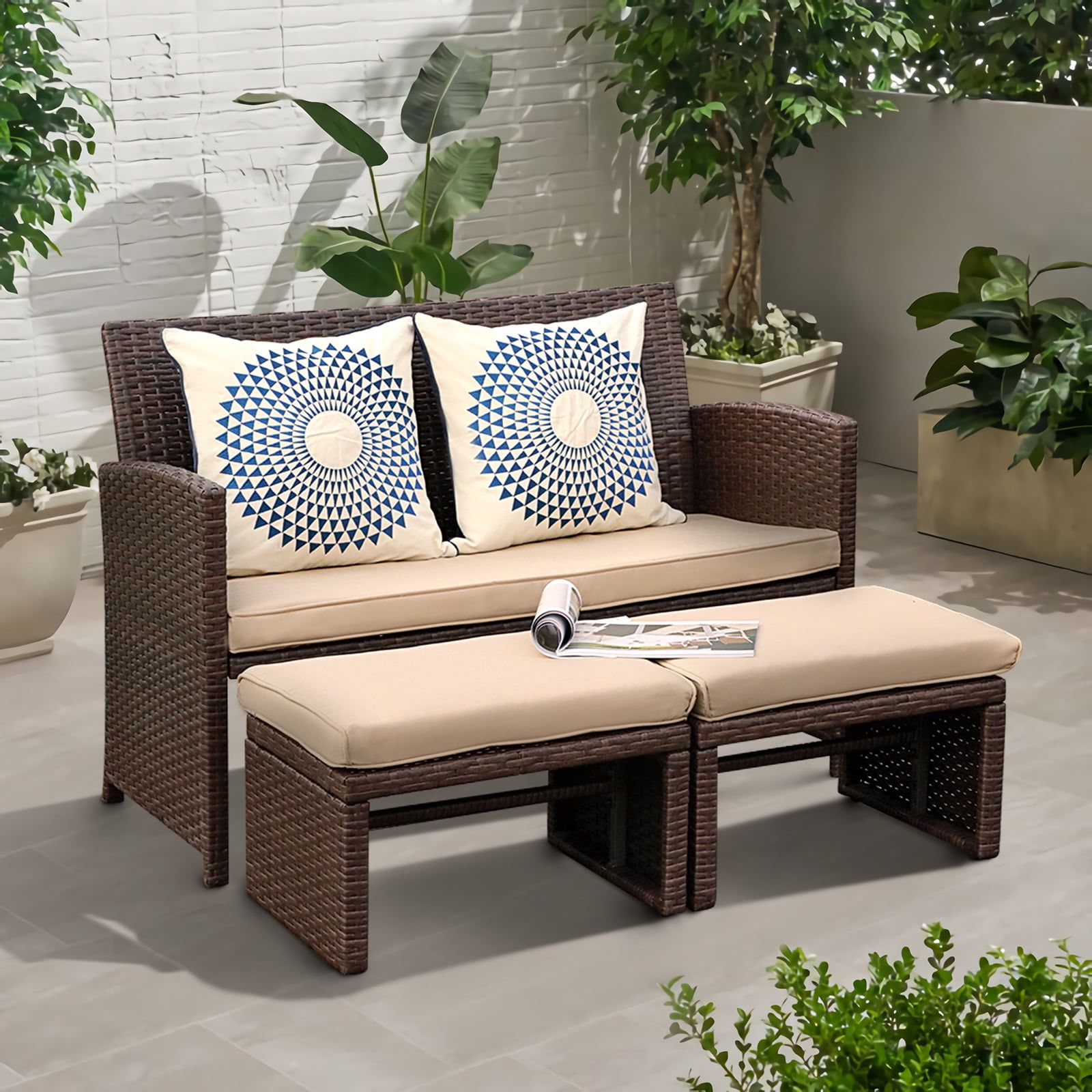 Balcony Furniture Set With Beige Cushions Throughout Famous Oc Orange Casual 3 Piece Outdoor Loveseat, Patio Furniture Set, With  Ottoman/side Table, Brown Rattan, Beige Cushion – Walmart (View 6 of 15)