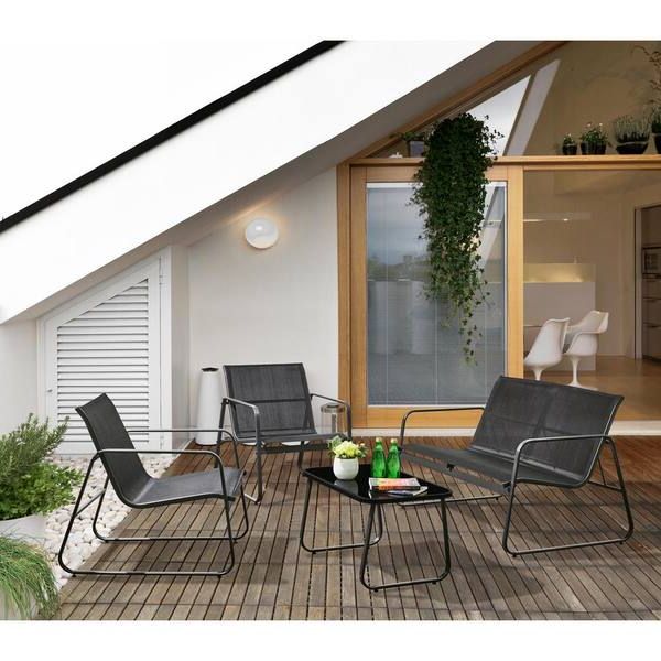 Barton 4 Piece Black Outdoor Textilene Patio Set Seating Conversation Sets  With Glass Table Black 93522 – The Home Depot In Most Popular Textilene Bistro Set Modern Conversation Set (View 7 of 15)