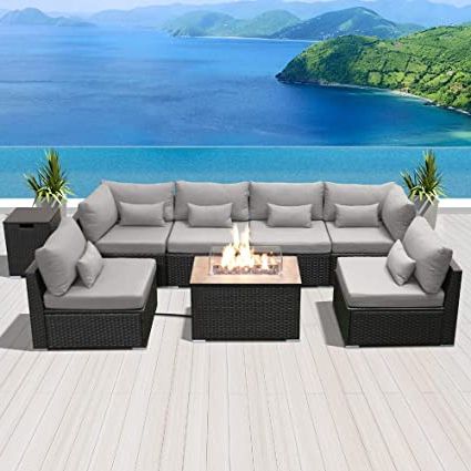 Best And Newest Fire Pit Table Wicker Sectional Sofa Set For Dineli Wicker Patio Sectional Sofa & Fire Pit, 8 Piece (Photo 11 of 15)