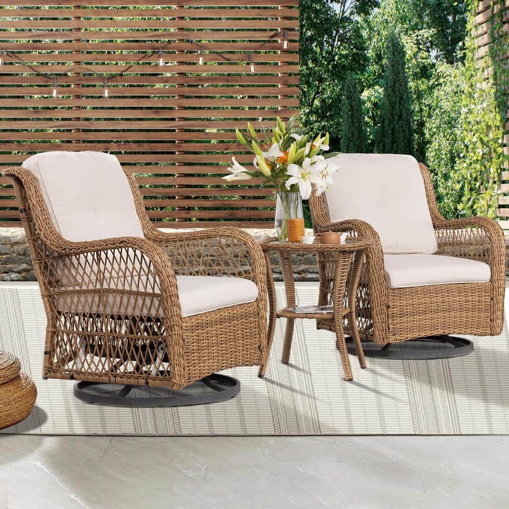 Best And Newest Joyside 3 Piece Wicker Outdoor Swivel Rocking Chair Set With Beige Cushions  Patio Conversation Set (2 Chair) Yw3s M12 Beige – The Home Depot With Regard To 3 Piece Cushion Rocking Chair Set (Photo 5 of 15)