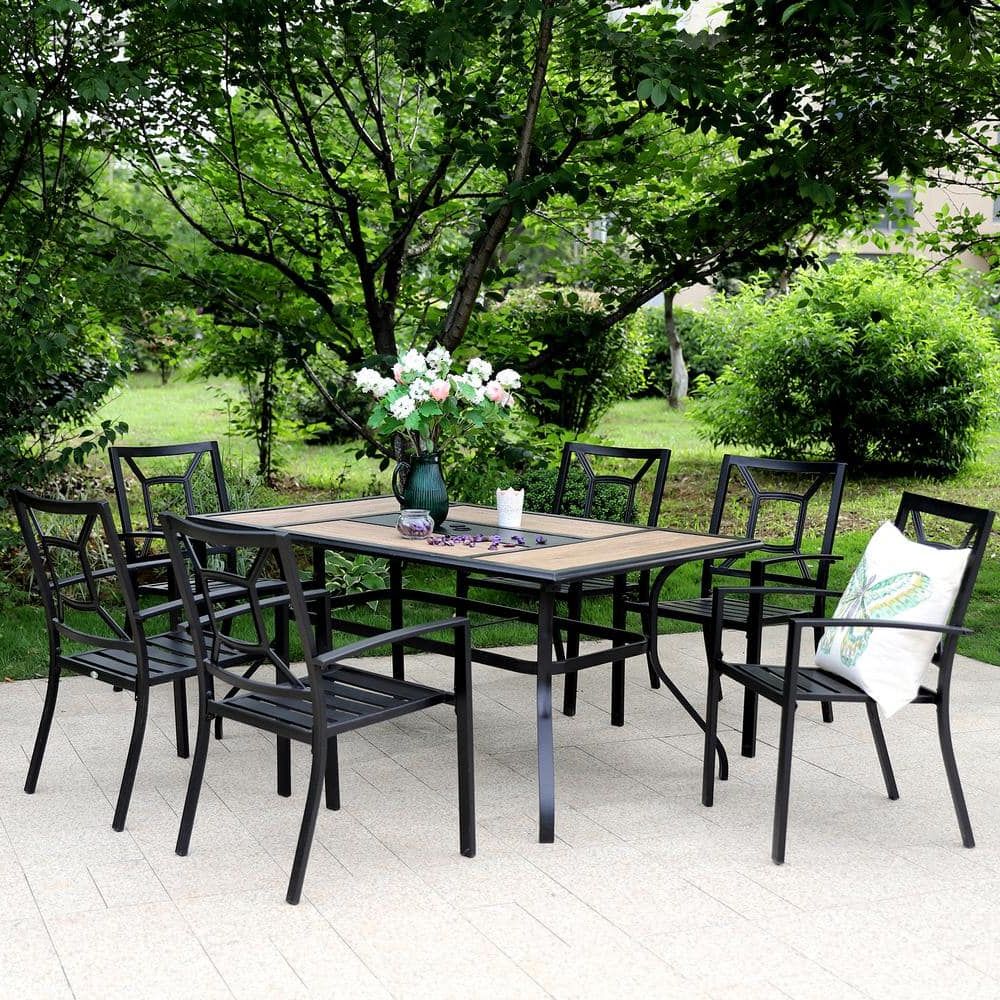 Best And Newest Outdoor Furniture Metal Rectangular Tables In Phi Villa Black 7 Piece Metal Outdoor Patio Dining Set With Geometric Rectangle  Table And Fancy Stackable Chairs Thd7 104 2401 – The Home Depot (View 10 of 15)