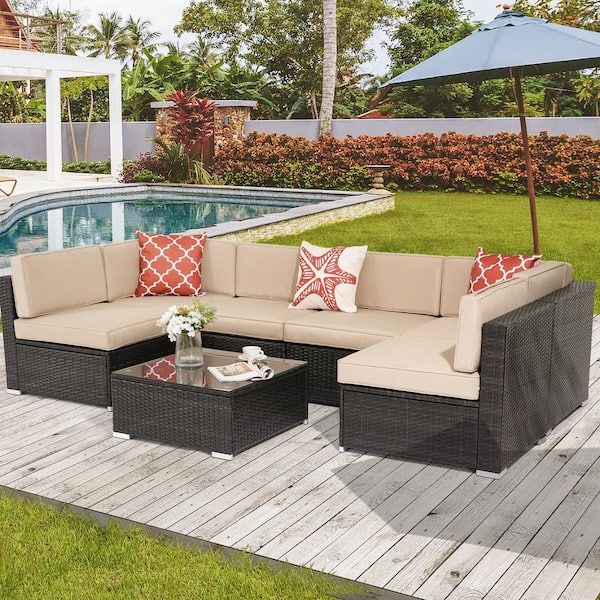 Best And Newest Outdoor Rattan Sectional Sofas With Coffee Table Throughout Joyesery 7 Piece Pe Rattan Wicker Outdoor Conversation Furniture Sectional  Sofa Sets For Poolside, Porch And Deck In Sand J Sofa779m – The Home Depot (Photo 11 of 15)