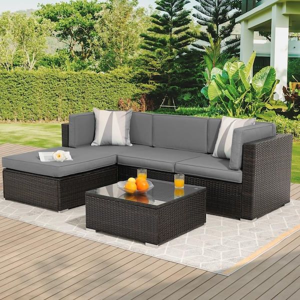 Best And Newest Sonkuki 5 Piece Brown Rattan Wicker Outdoor Patio Sectional Sofa Set With  Thick Gray Cushions And Tempered Glass Table R Kfsf 005gy – The Home Depot Within 5 Piece Patio Conversation Set (View 15 of 16)