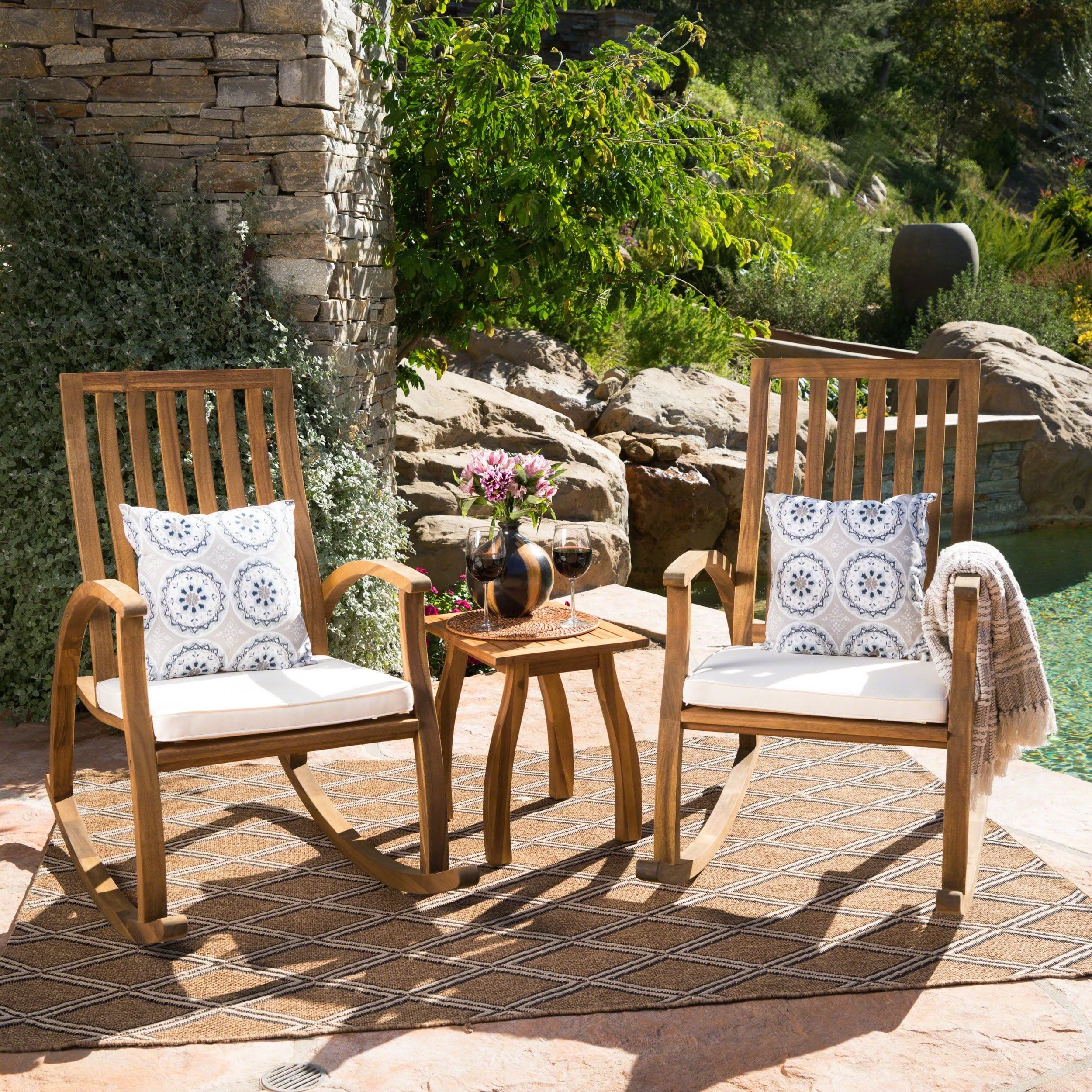 Cayo Acacia Wood Outdoor 3 Piece Rocking Chair Chat Set With Cushion Christopher Knight Home – On Sale – Overstock – 18158356 In 2020 3 Piece Cushion Rocking Chair Set (View 13 of 15)