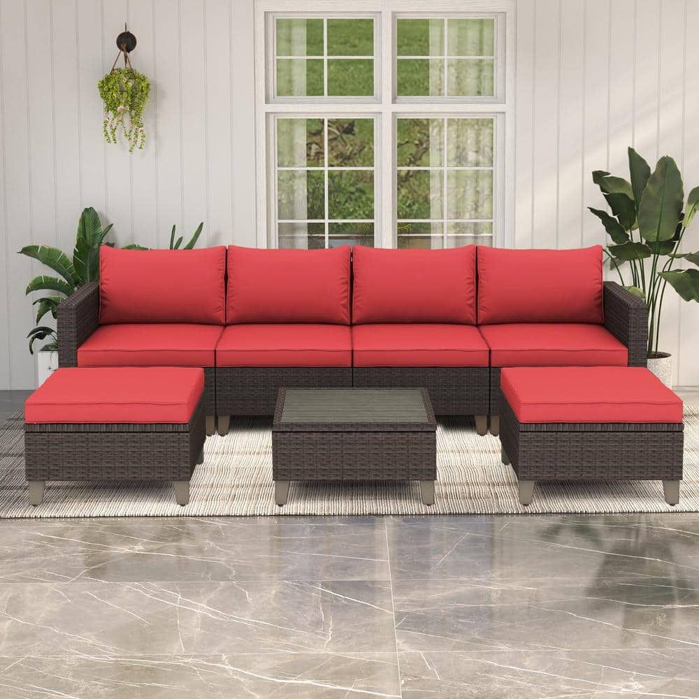 Cesicia 7 Piece Rattan Wicker Patio Furniture Set Outdoor Sectional Sofa Set  With Red Cushions And Pillows For Porch Lawn Garden Optred3251 – The Home  Depot With Regard To Trendy 7 Piece Rattan Sectional Sofa Set (View 10 of 15)