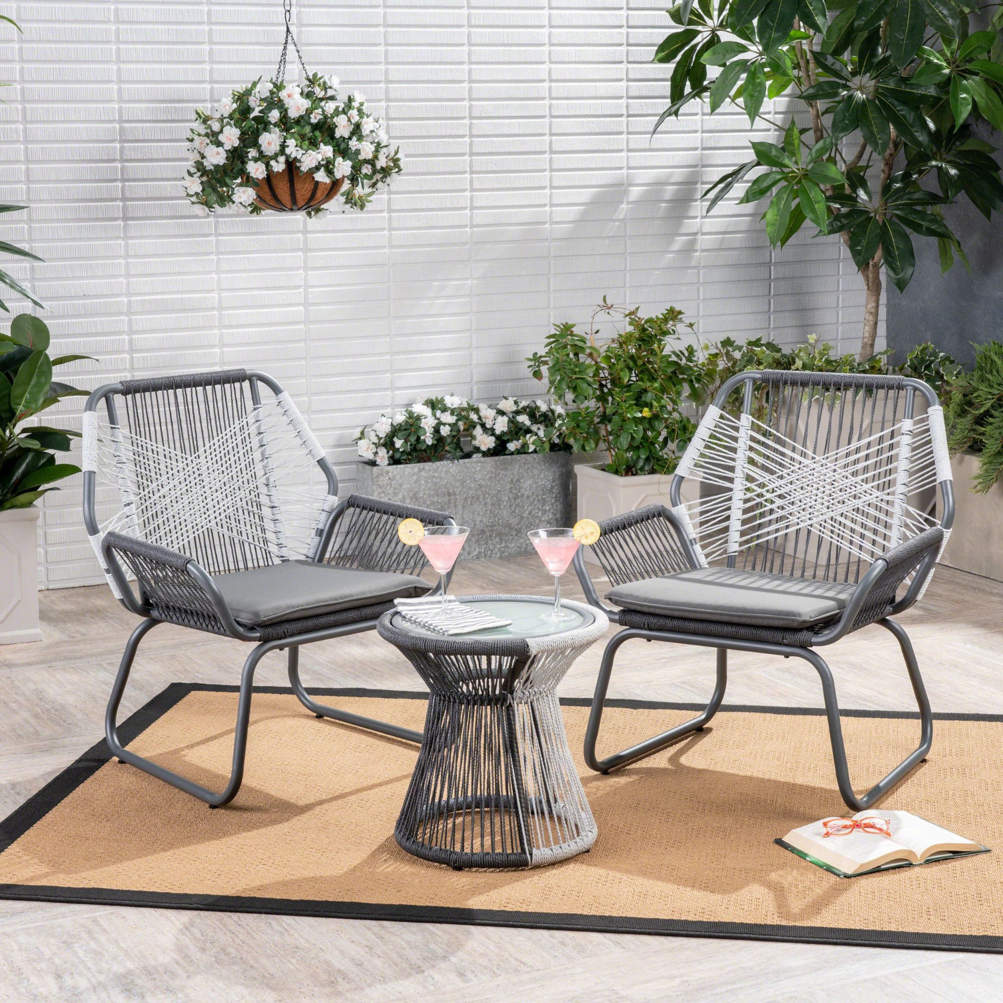 Contemporary Home Living 3 Piece Gray And White Rope Woven Outdoor  Furniture Patio Chat Set – Gray – Walmart With Regard To Best And Newest Woven Rope Outdoor 3 Piece Conversation Set (Photo 6 of 15)