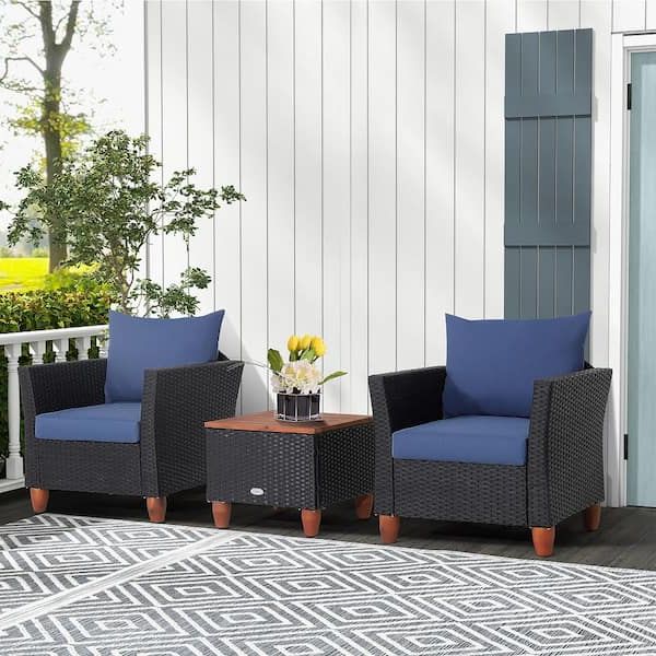 Costway 3pcs Wicker Patio Conversation Set Cushioned Sofa Storage Table  Wood Top With Navy Cushions Hw70614ny – The Home Depot Pertaining To Well Liked Furniture Conversation Set Cushioned Sofa Tables (View 5 of 15)