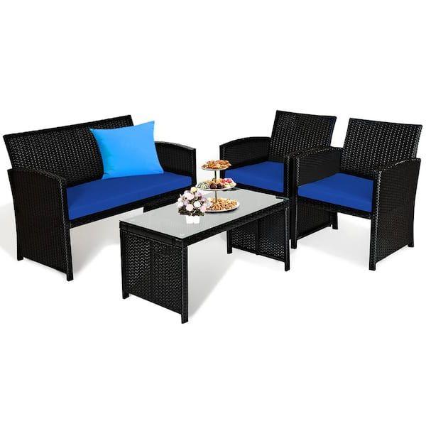 Costway 8 Piece Patio Rattan Furniture Conversation Set Cushion Sofa Table  Garden Navy 2*hw63239ny – The Home Depot Regarding Best And Newest Furniture Conversation Set Cushioned Sofa Tables (Photo 14 of 15)