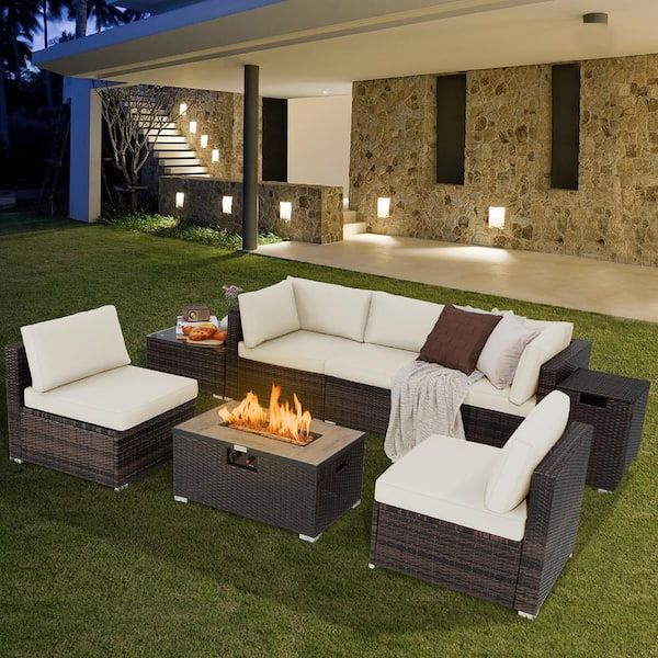 Costway 8 Piece Patio Rattan Furniture Set Fire Pit Table Tank Holder Cover  Deck Off White Np10261cf+hw67937wha+ – The Home Depot Throughout Well Liked 8 Pcs Outdoor Patio Furniture Set (View 13 of 15)