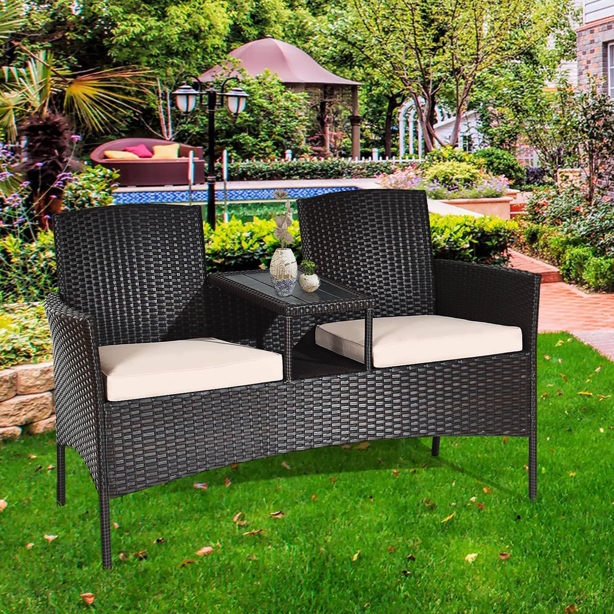 Costway Patio Rattan Conversation Set Loveseat Sofa Cushioned Coffee – On  Sale – – 20445674 With Regard To Recent Furniture Conversation Set Cushioned Sofa Tables (View 13 of 15)