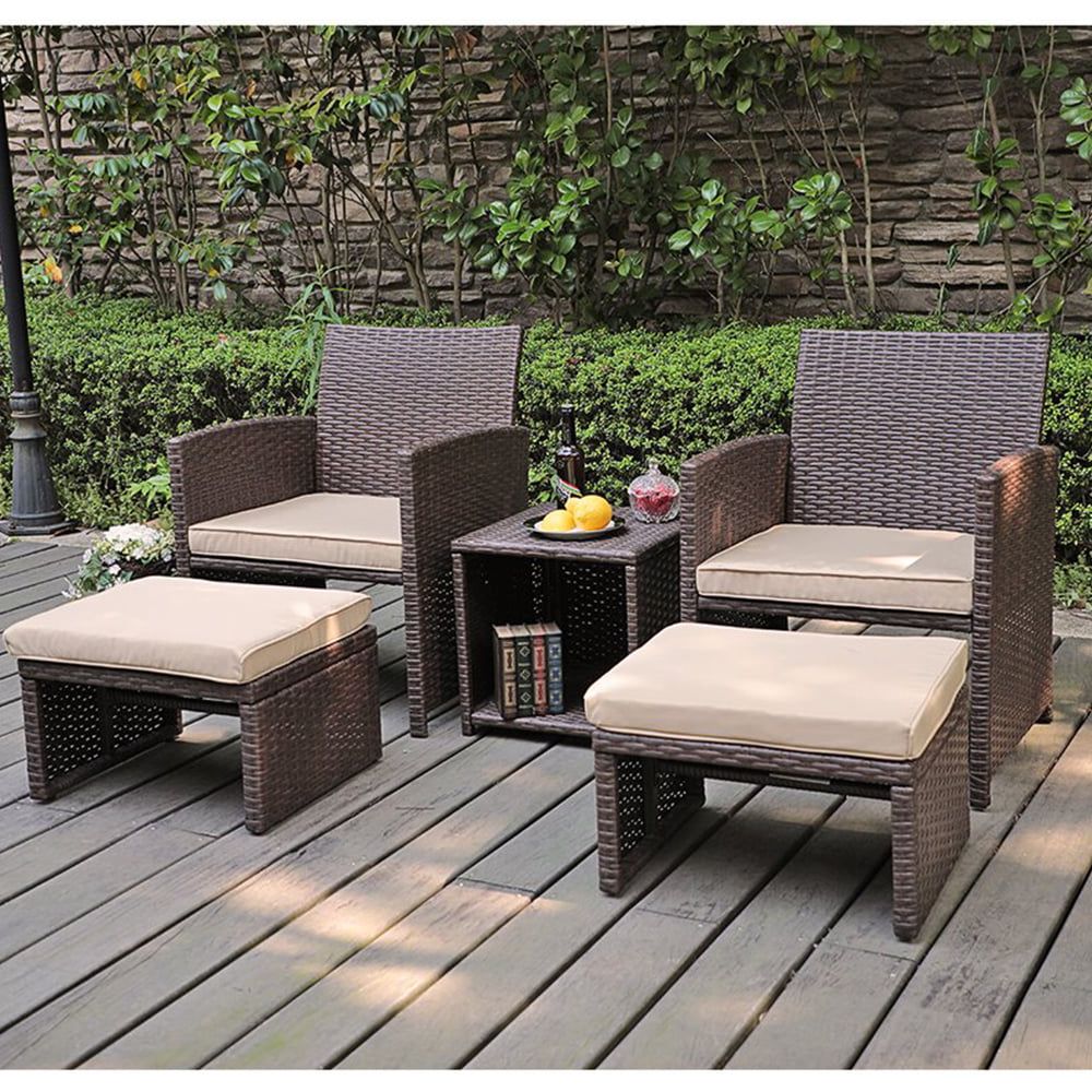 Current 5 Piece Patio Conversation Set Balcony Furniture Set With Beige Cushions, Brown  Wicker Chair With Ottoman, Storage Table For Backyard, Garden, Porch –  Walmart Pertaining To Brown Wicker Chairs With Ottoman (Photo 1 of 15)