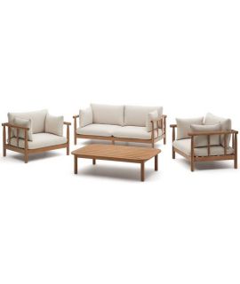 Current Cushions & Coffee Table Furniture Couch Set Within Cancun Set Of 2 Sofa Armchairs And Coffee Table In Eucalyptus Wood For  Outdoor And Indoor Use (View 10 of 15)