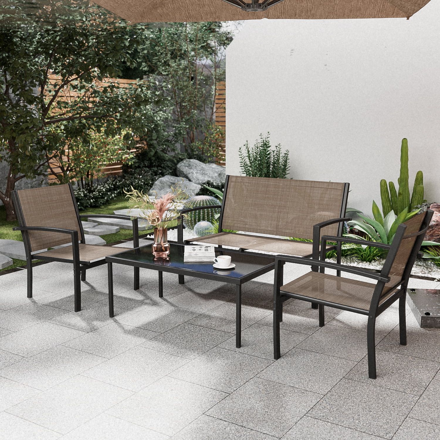 Current Loveseat Tea Table For Balcony Pertaining To Lacoo 4 Pieces Outdoor Furniture Set Patio Textilene Steel Conversation Set  With Loveseat Tea Table For Lawn And Balcony, Brown – Walmart (View 2 of 15)