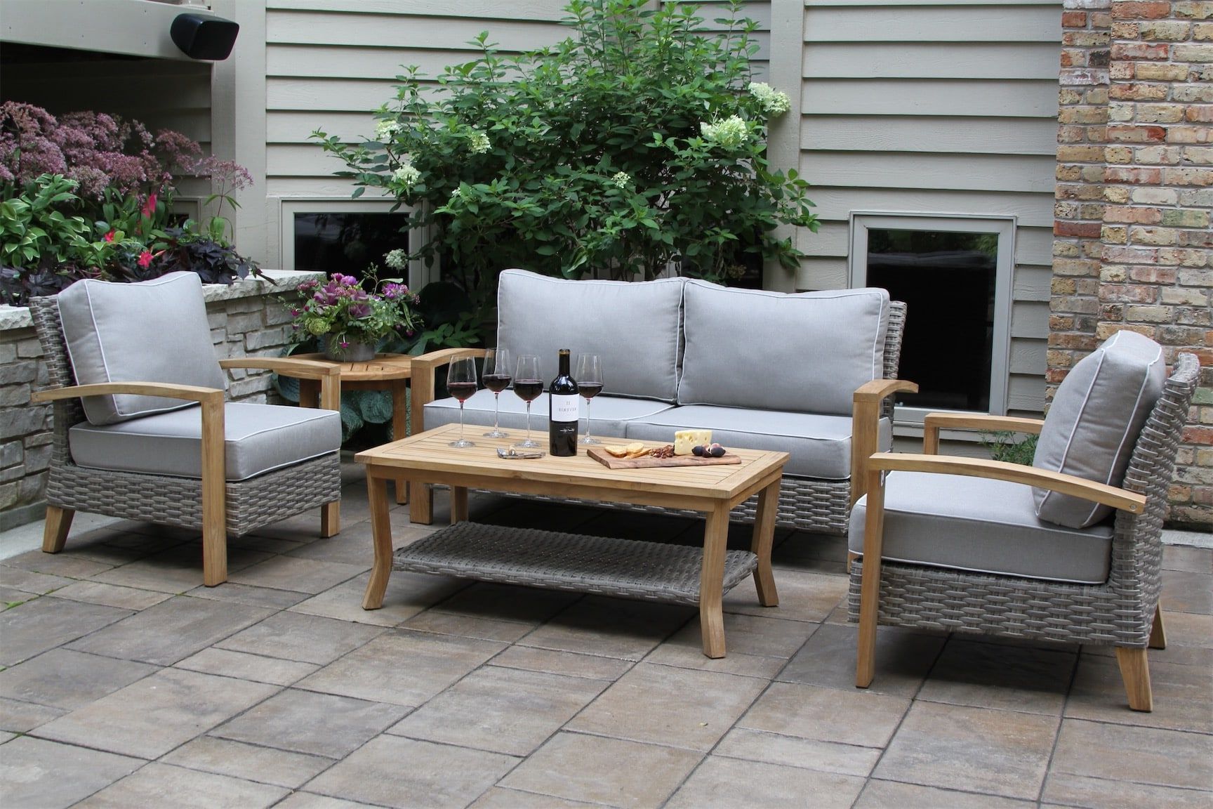 Current Outdoor 2 Arm Chairs And Coffee Table Throughout Outdoor Interiors Teak & Wicker Love Seat, 2 Arm Chairs & Coffee Table With  Olefin (Photo 4 of 15)
