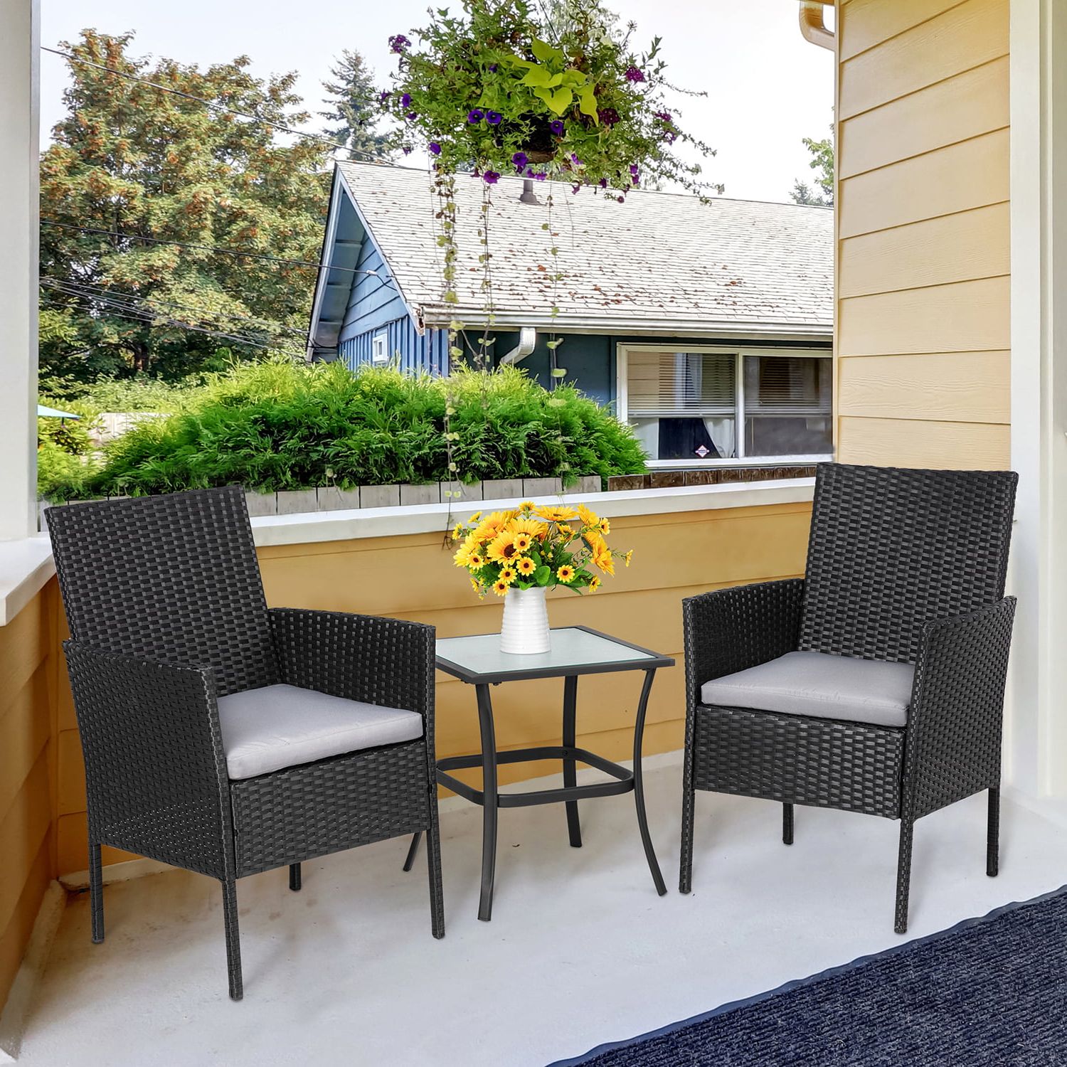 Current Outdoor Wicker 3 Piece Set Intended For Sobaniilo 3 Piece Porch Furniture Sets, Small Outdoor Wicker Rattan Patio  Bistro Set, Cushioned Patio Chairs Set Of 2 With Glass Table, Gray –  Walmart (Photo 10 of 15)
