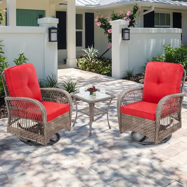 Current Rocking Chairs Wicker Patio Furniture Set Inside Joyside 3 Piece Wicker Outdoor Rocking Chair Patio Conversation Set Swivel  Chairs With Red Cushions And Side Table M52c Red Thd – The Home Depot (View 5 of 15)