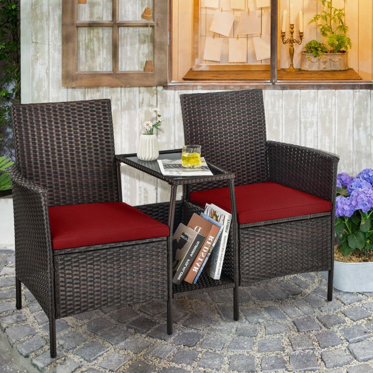 Cushioned Chair Loveseat Tables In Latest Rattan Patio Conversation Set Cushioned With Glass Table – Costway (Photo 6 of 15)