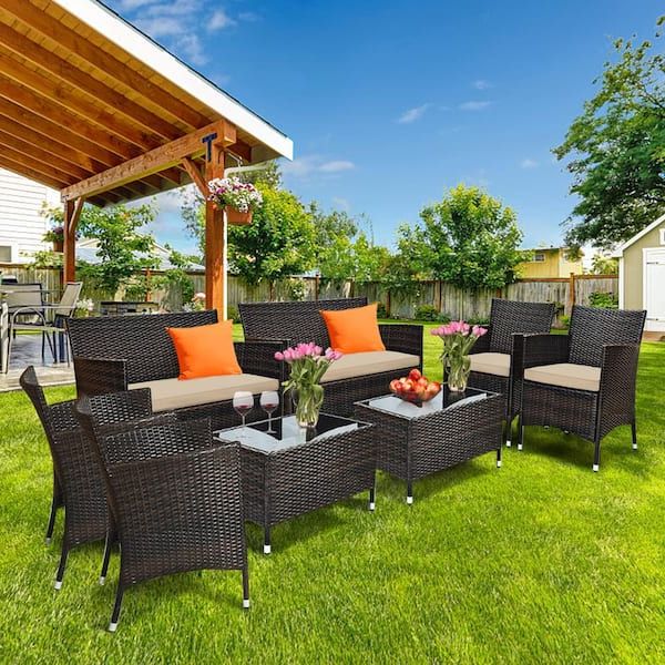 Cushioned Chair Loveseat Tables Regarding Best And Newest Gymax 8 Piece Rattan Patio Outdoor Furniture Set With Cushioned Chair  Loveseat Table With Brown Cushions Gymhd0020 – The Home Depot (Photo 15 of 15)