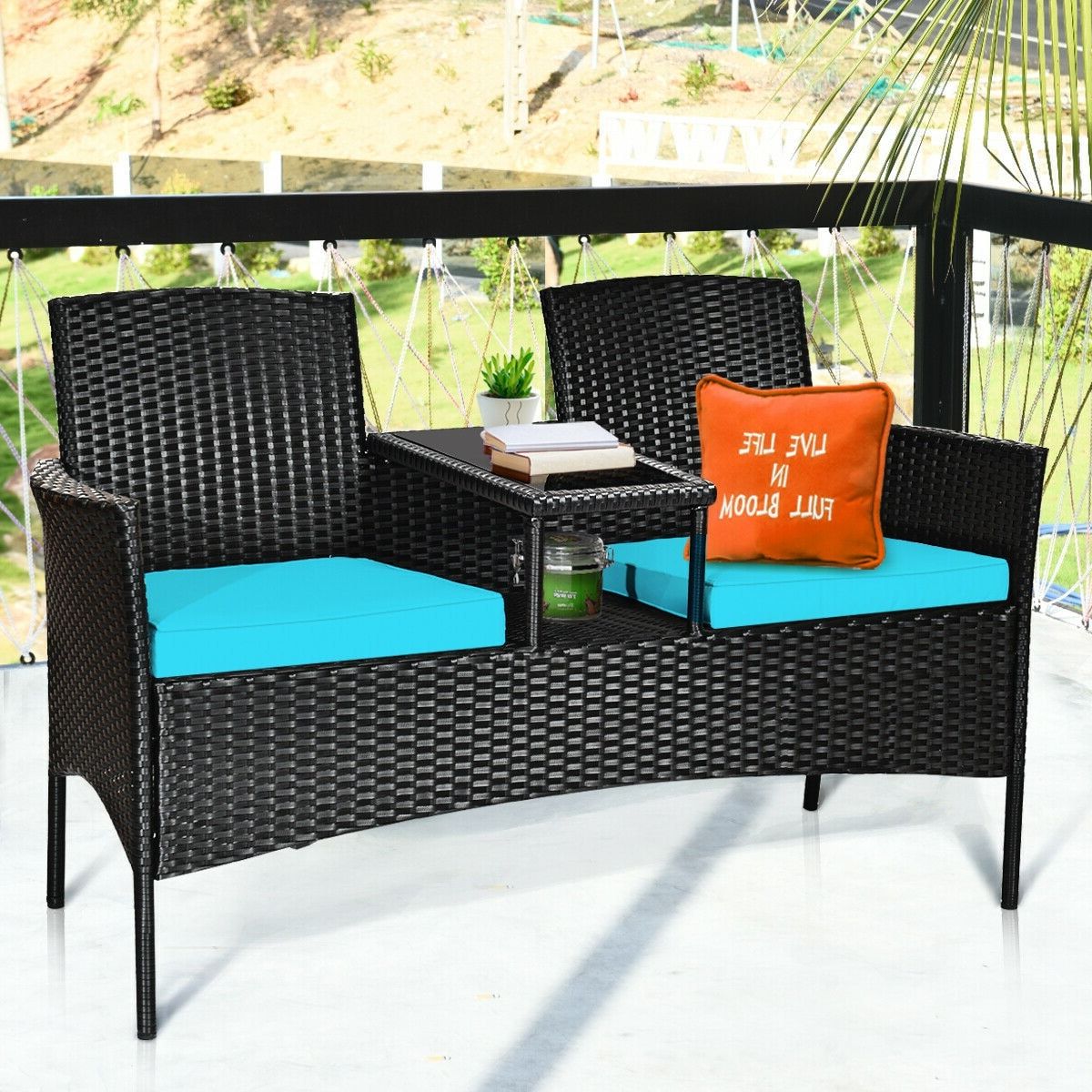 Cushioned Chair Loveseat Tables With Well Known Clihome Outdoor Loveseat Chair Rattan Patio Conversation Set With Blue  Cushions In The Patio Conversation Sets Department At Lowes (Photo 5 of 15)
