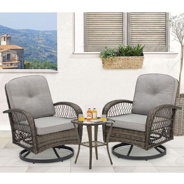 Erommy 3 Piece Wicker Outdoor Bistro Set With Grey Cushions, 360 Degree  Swivel Patio Rocking Chairs Baaa003gy – The Home Depot With Most Current Patio Furniture Wicker Outdoor Bistro Set (Photo 1 of 15)