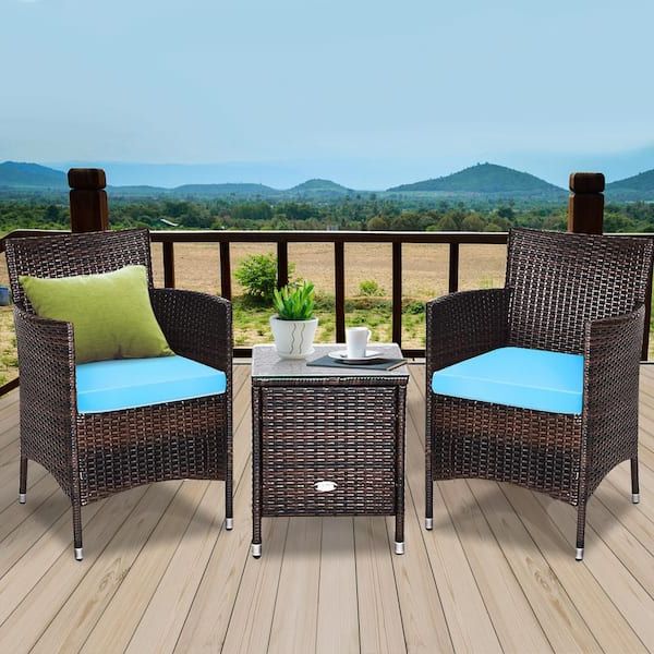 Famous All Weather Rattan Conversation Set Pertaining To 3 Piece Pe Rattan Wicker Patio Conversation Set Outdoor Chairs And Coffee  Table With Turquoise Cushion Hw63850tu – The Home Depot (Photo 14 of 15)