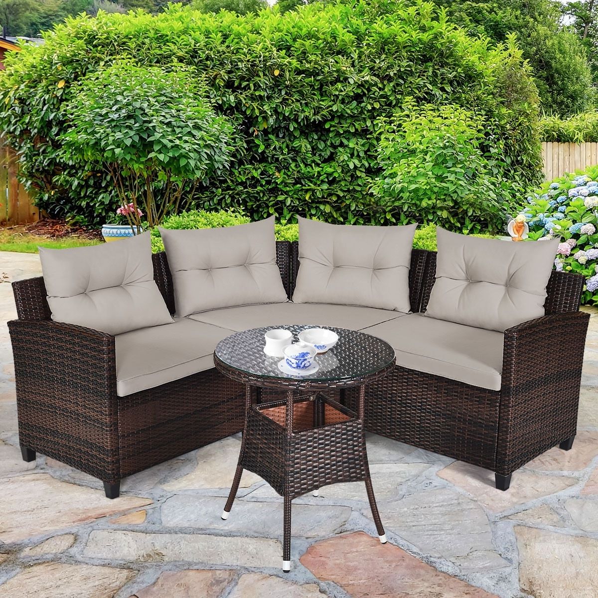 Famous Costway 4pcs Outdoor Patio Rattan Furniture Set Cushioned Sofa Table –  Overstock – 30686664 Pertaining To Furniture Conversation Set Cushioned Sofa Tables (View 3 of 15)