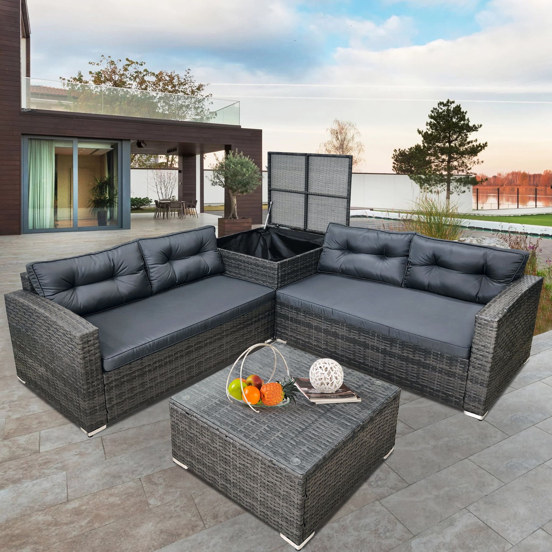 Famous Rattan Wicker Patio Furniture, 4 Piece Outdoor Conversation Set With Storage  Ottoman, All Weather Sectional Sofa Set With Gray Cushions And Table For  Backyard, Porch, Garden, Poolside,l4537 – Walmart Regarding Storage Table For Backyard, Garden, Porch (View 9 of 15)