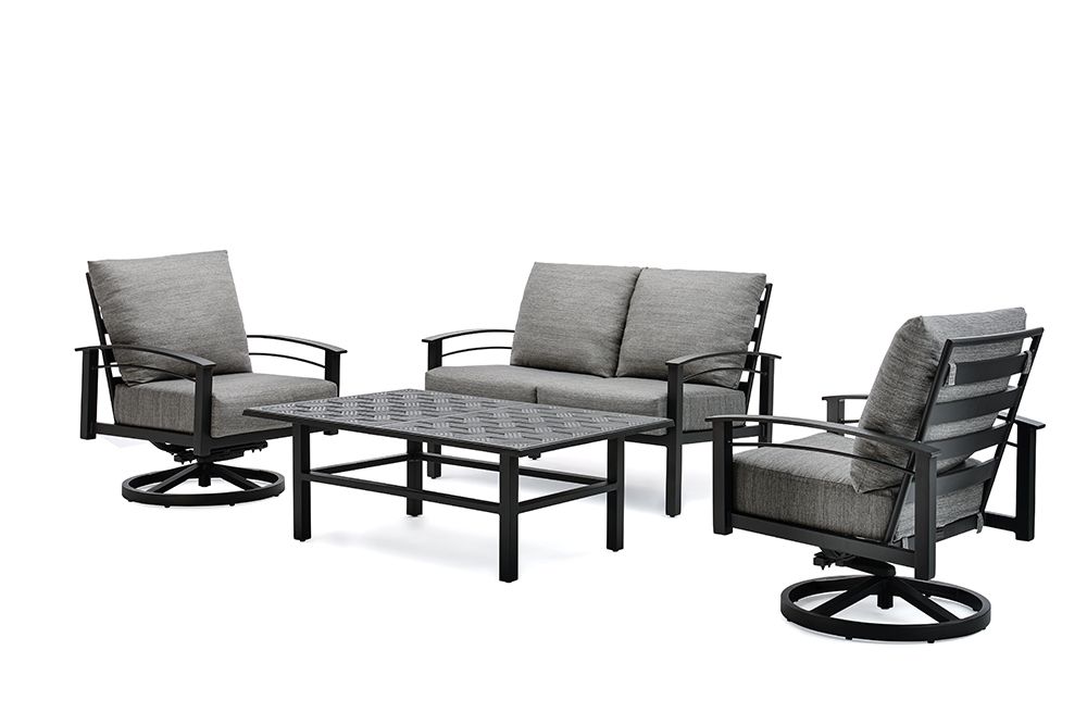 Famous Stanford Cushion 4 Piece Seating Set (2 Swivel Rocker Lounge Chairs,  Loveseat, Merge Coffee Table) Pertaining To Cushioned Chair Loveseat Tables (View 12 of 15)