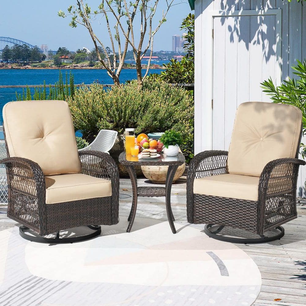 Fashionable Sizzim 3 Piece Brown Wicker Outdoor Rocking Chair Set Outdoor Swivel Chairs  With Beige Cushions Sm G12036bg – The Home Depot With 3 Piece Cushion Rocking Chair Set (Photo 3 of 15)