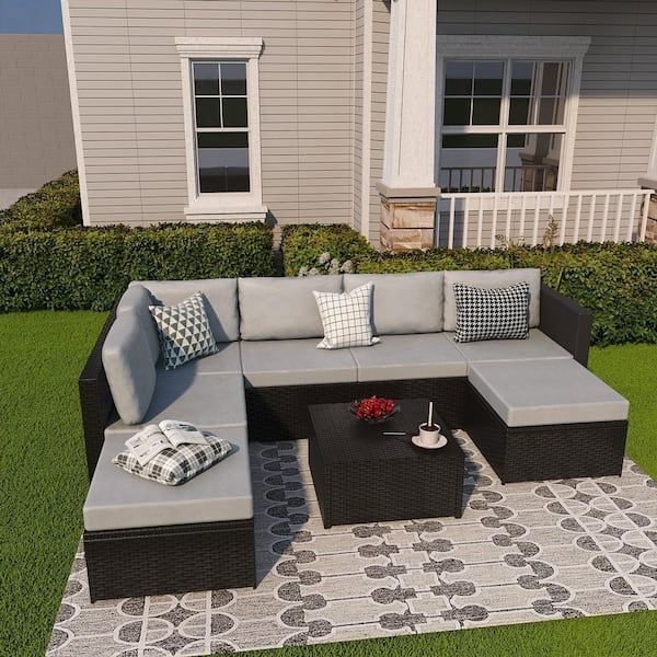 Fashionable Uixe Black 7 Seater Wicker Outdoor Rattan Sectional Sofa Set With Gray  Cushions Odf528881103 – The Home Depot For Outdoor Rattan Sectional Sofas With Coffee Table (View 6 of 15)