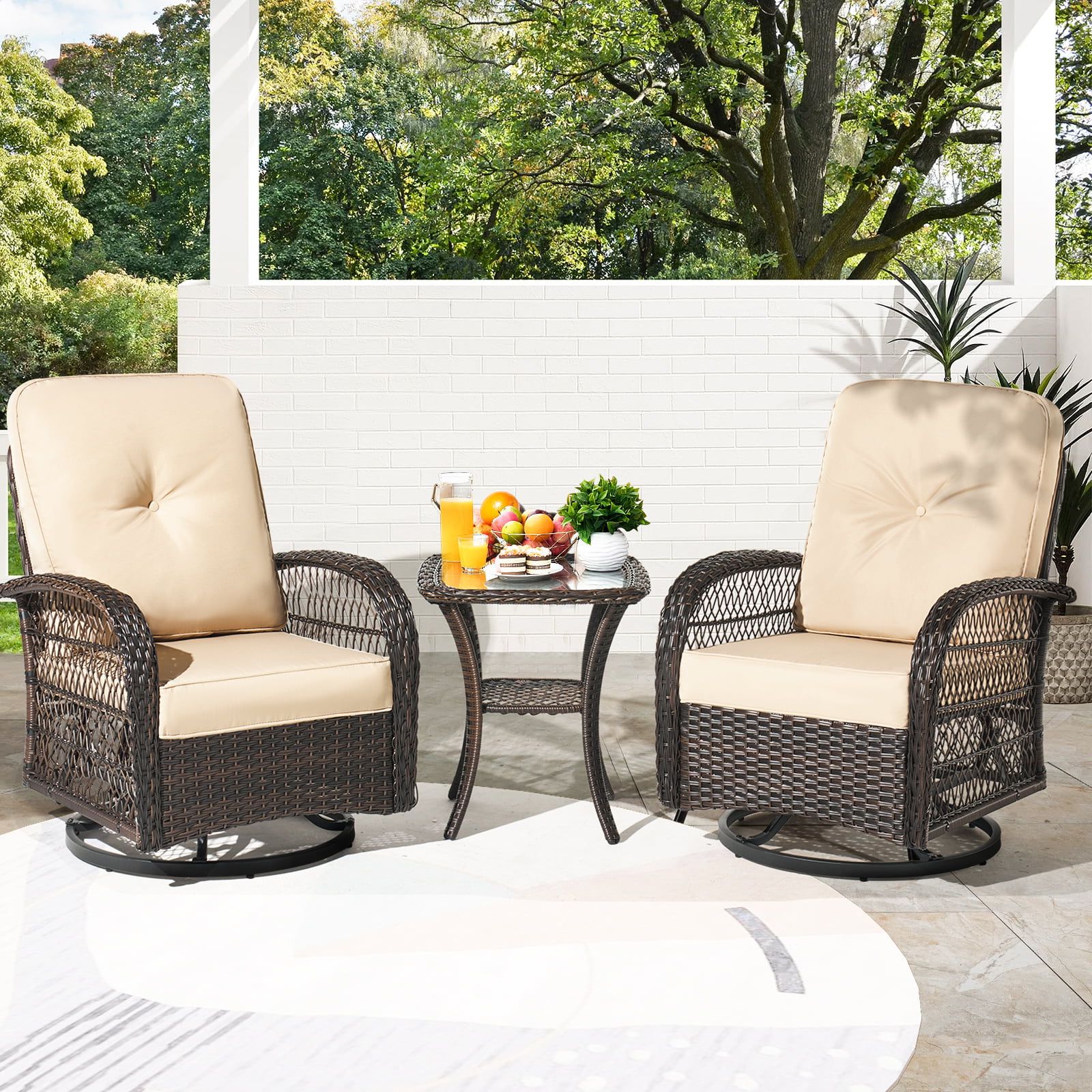 Favorite 3 Pieces Outdoor Patio Swivel Rocker Set In Sonegra 3 Pieces Outdoor Wicker Swivel Rocker Patio Set, 360 Degree Swivel  Rocking Chairs Elegant Wicker Patio Bistro Set With Premuim Cushions And  Armored Glass Top Side Table For Backyard(beige) – Walmart (Photo 3 of 15)