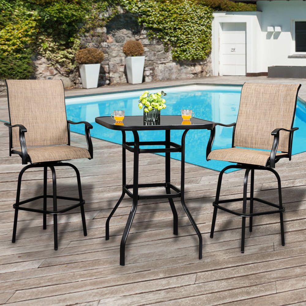 Favorite 3 Pieces Outdoor Patio Swivel Rocker Set With Patio Swivel Bistro Set, 3 Piece Outdoor Bar Table And Stools Set, 2 Patio  Swivel Bar Chairs With 1 High Glass Top Table, All Weather Metal Frame Furniture  Set For Garden Yard (View 11 of 15)